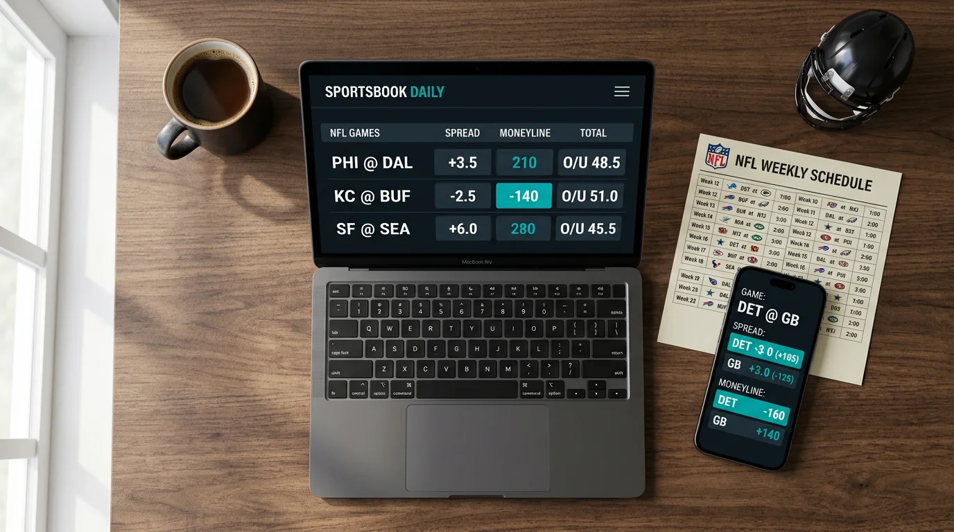 Sportsbook screen showing NFL spread and moneyline betting markets for a Sunday fixture