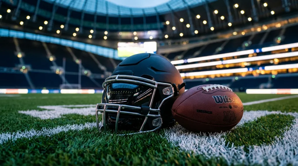 NFL American football helmet and ball on a green field representing UK sportsbook selection for NFL betting