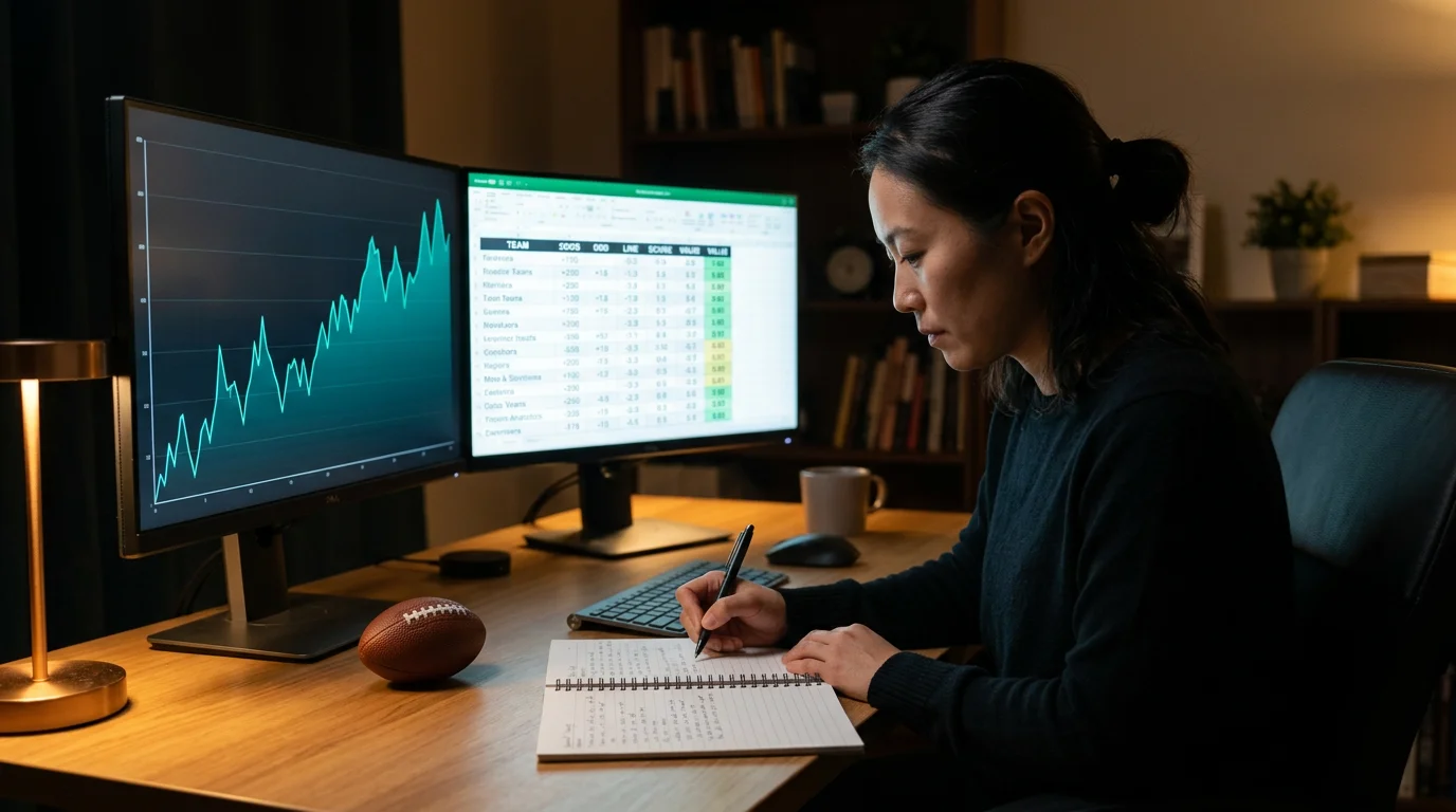 Analyst reviewing NFL point spread line movements on a laptop screen with notes and statistics