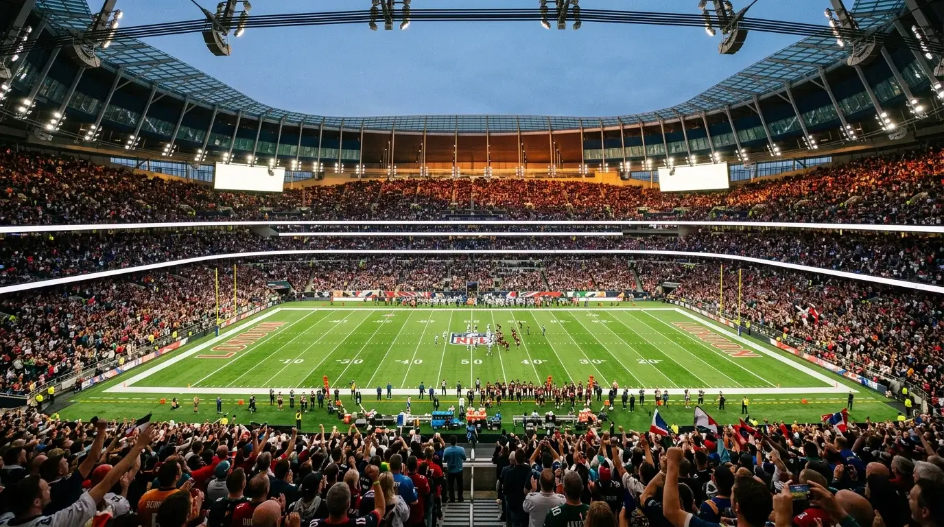 Packed stadium during an NFL International Series game in London with fans in team jerseys