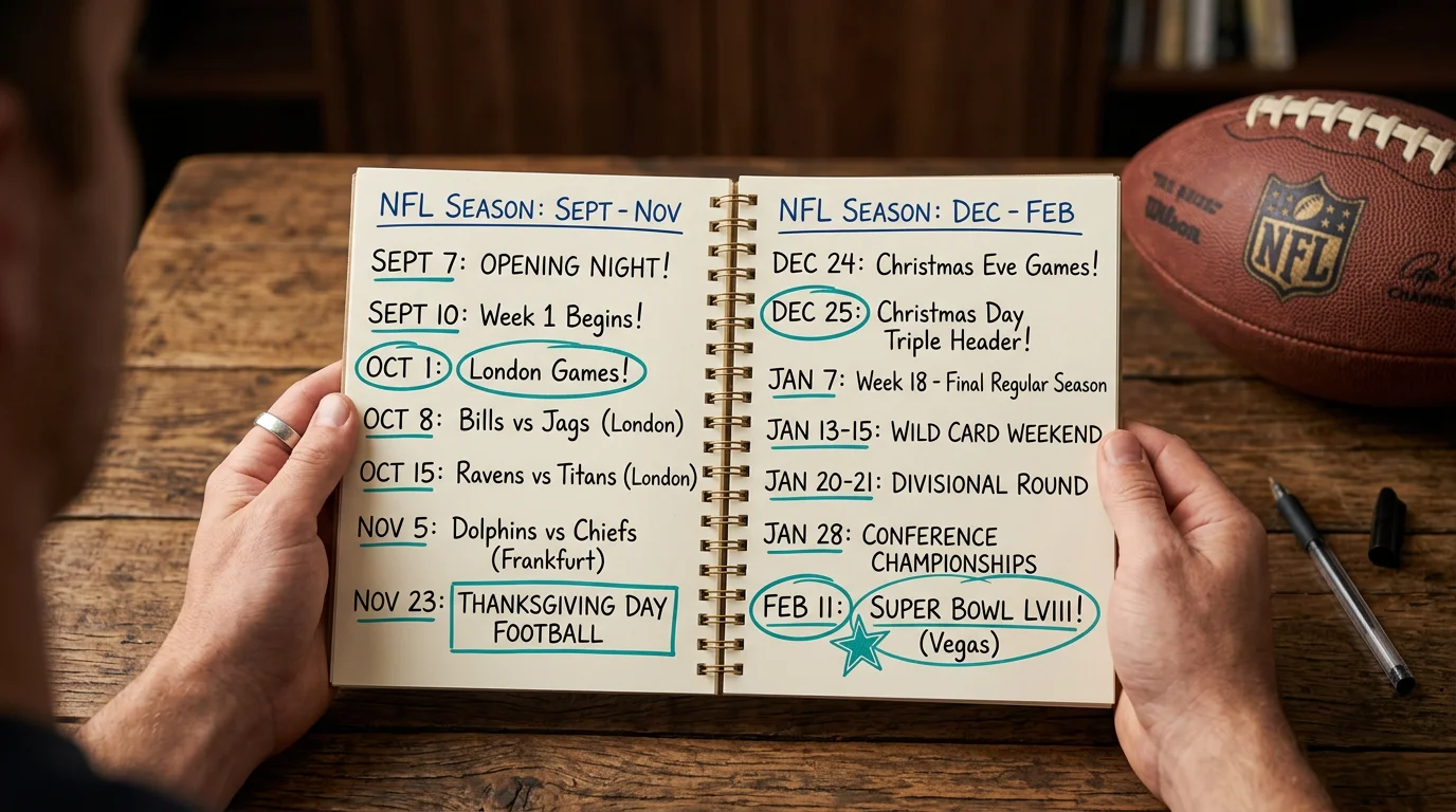 NFL season timeline from preseason through the Super Bowl with UK kick-off times highlighted