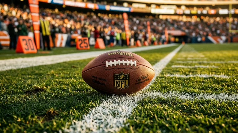 Close-up of an American football on a marked gridiron field representing NFL spread betting for UK punters