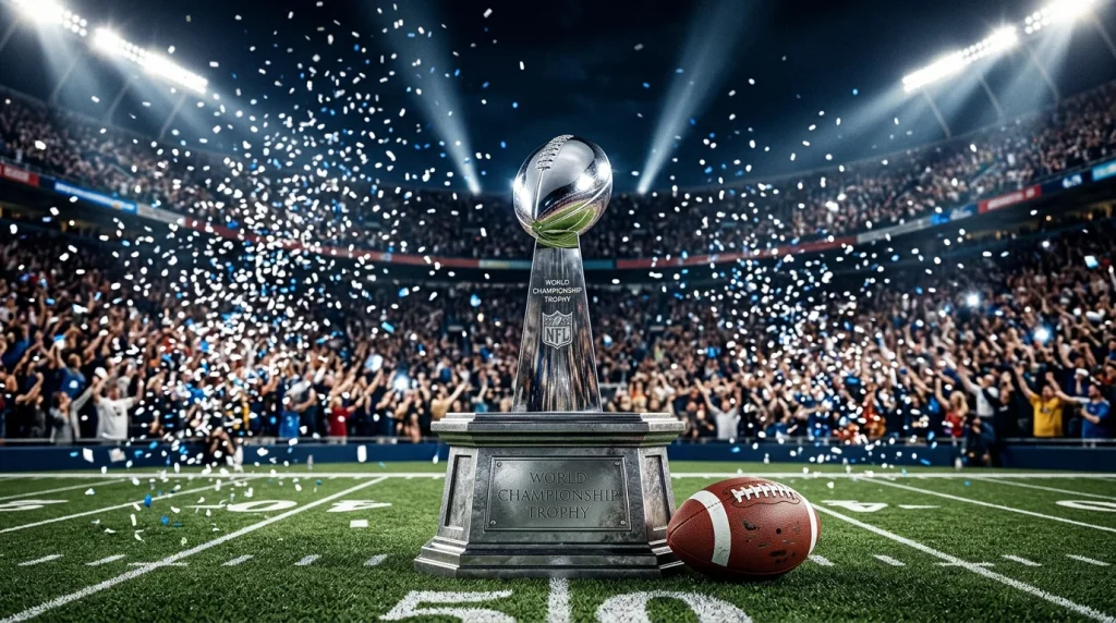 Super Bowl championship trophy and American football on the field under stadium lights
